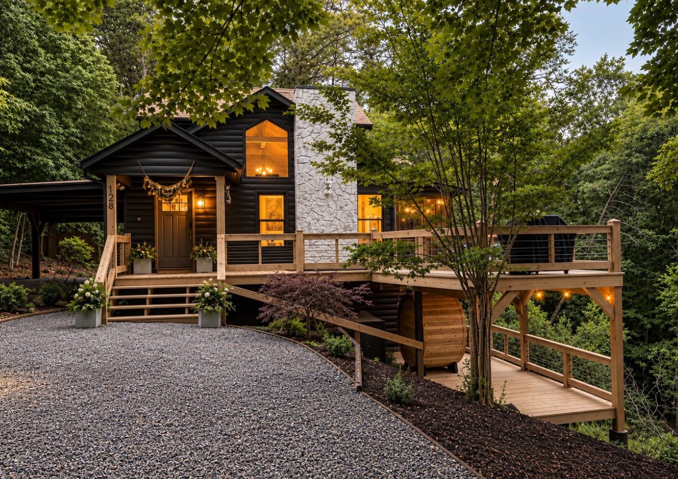 Exterior of Backwoods Bunkhouse surrounded by trees