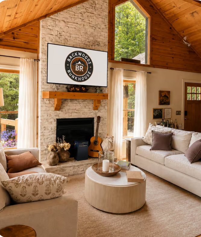 Living room with fireplace and vaulted ceiling