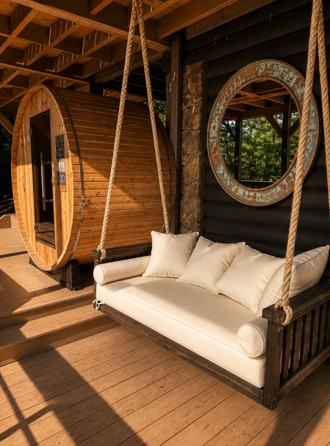 Barrel sauna and hanging daybed on the deck